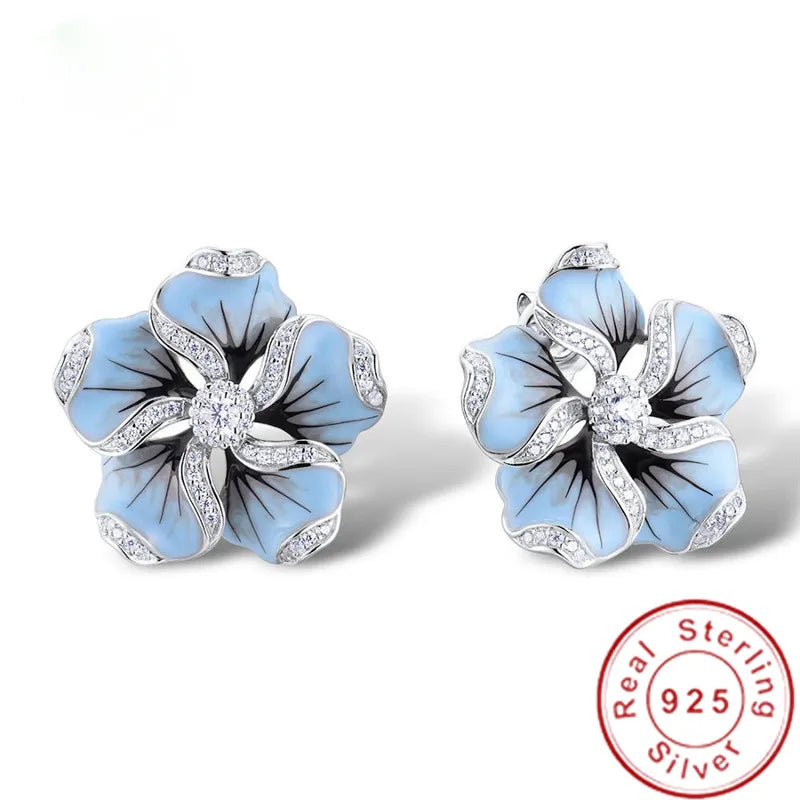 Carnation Earrings with Flowers in Pavé Zirconia Authentic 925 Sterling Silver