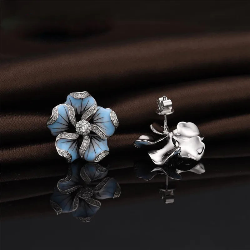 Carnation Earrings with Flowers in Pavé Zirconia Authentic 925 Sterling Silver