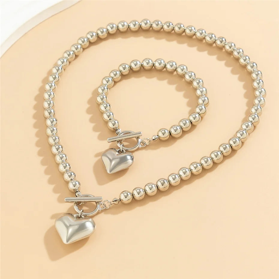 Punk Necklace and Bracelet Set with Heart Pendants