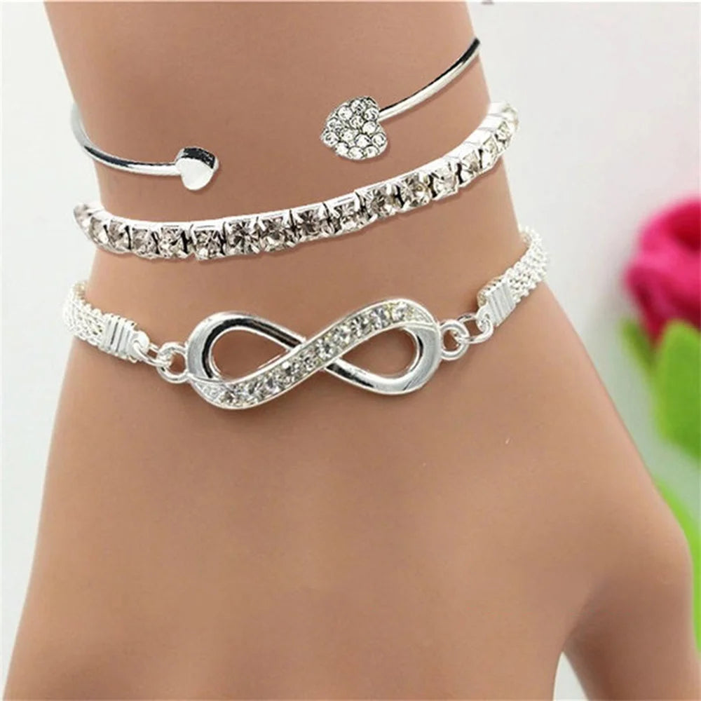Vintage Heart Bracelet Set with Crystals - 3 Pieces in Silver Metal for Women